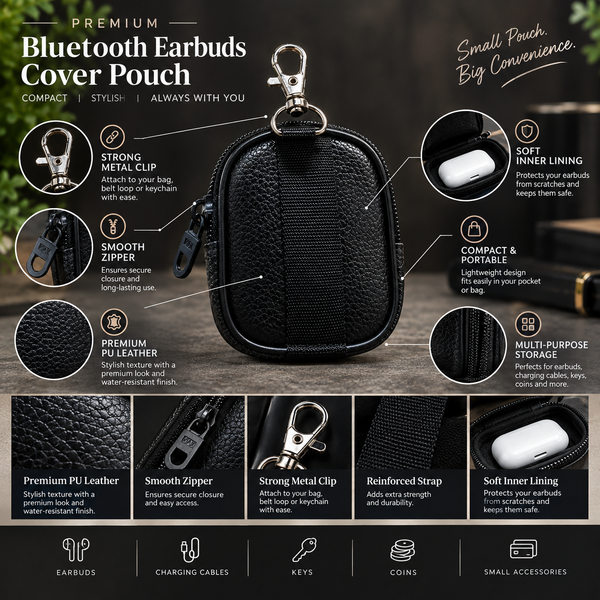 Black Premium Bluetooth Earbuds Cover Pouch
