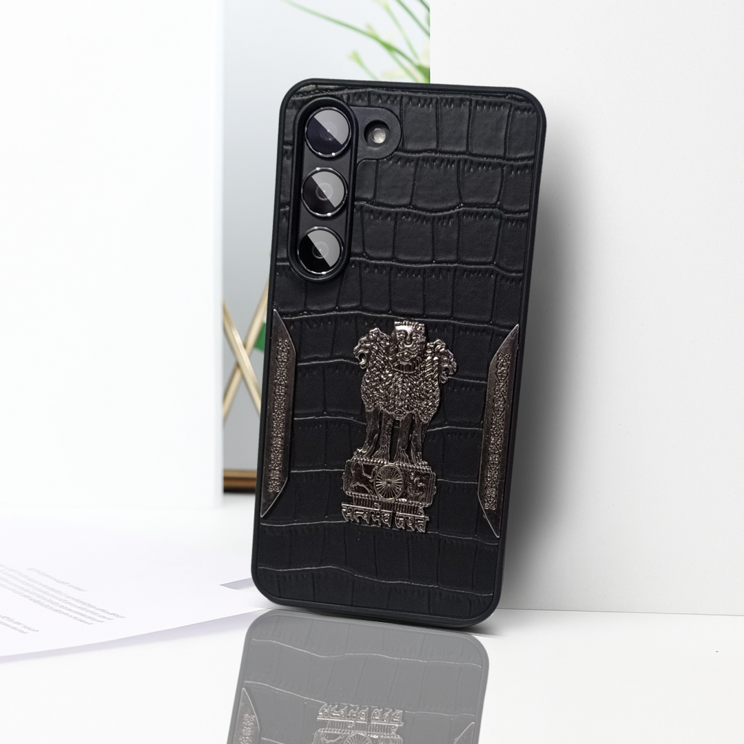 Black (Design 1) Satyameva Jayate embossed Leather Case for Samsung S23