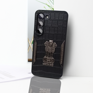 Black (Design 1) Satyameva Jayate embossed Leather Case for Samsung S23