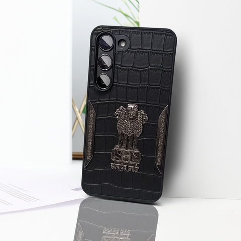 Black (Design 1) Satyameva Jayate embossed Leather Case for Samsung S23