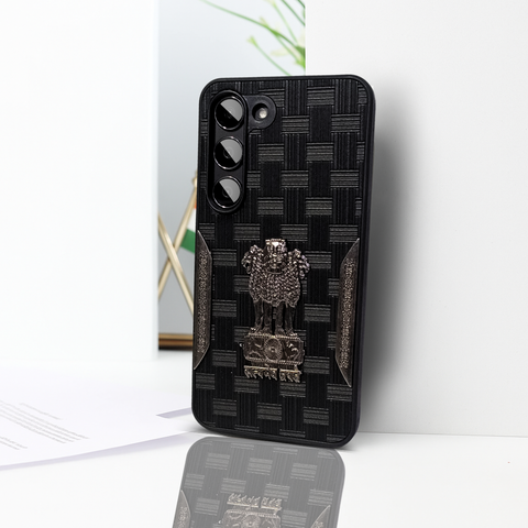 Black (Design 2) Satyameva Jayate embossed Leather Case for Samsung S23