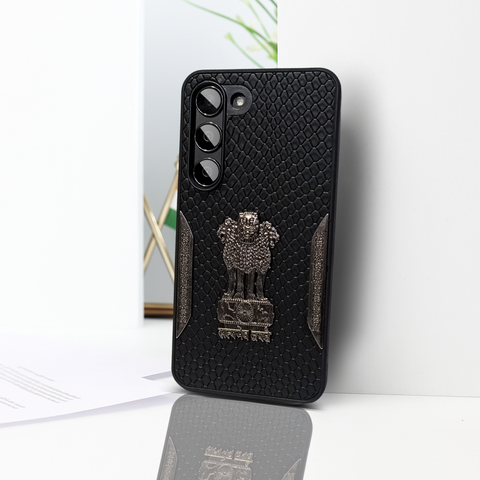 Black (Design 3) Satyameva Jayate embossed Leather Case for Samsung S23