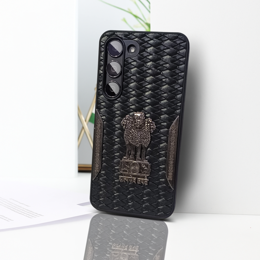 Black (Design 4) Satyameva Jayate embossed Leather Case for Samsung S23
