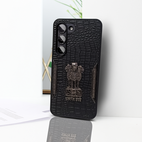 Black (Design 5) Satyameva Jayate embossed Leather Case for Samsung S23