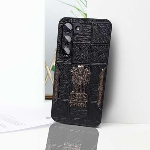 Black (Design 6) Satyameva Jayate embossed Leather Case for Samsung S23
