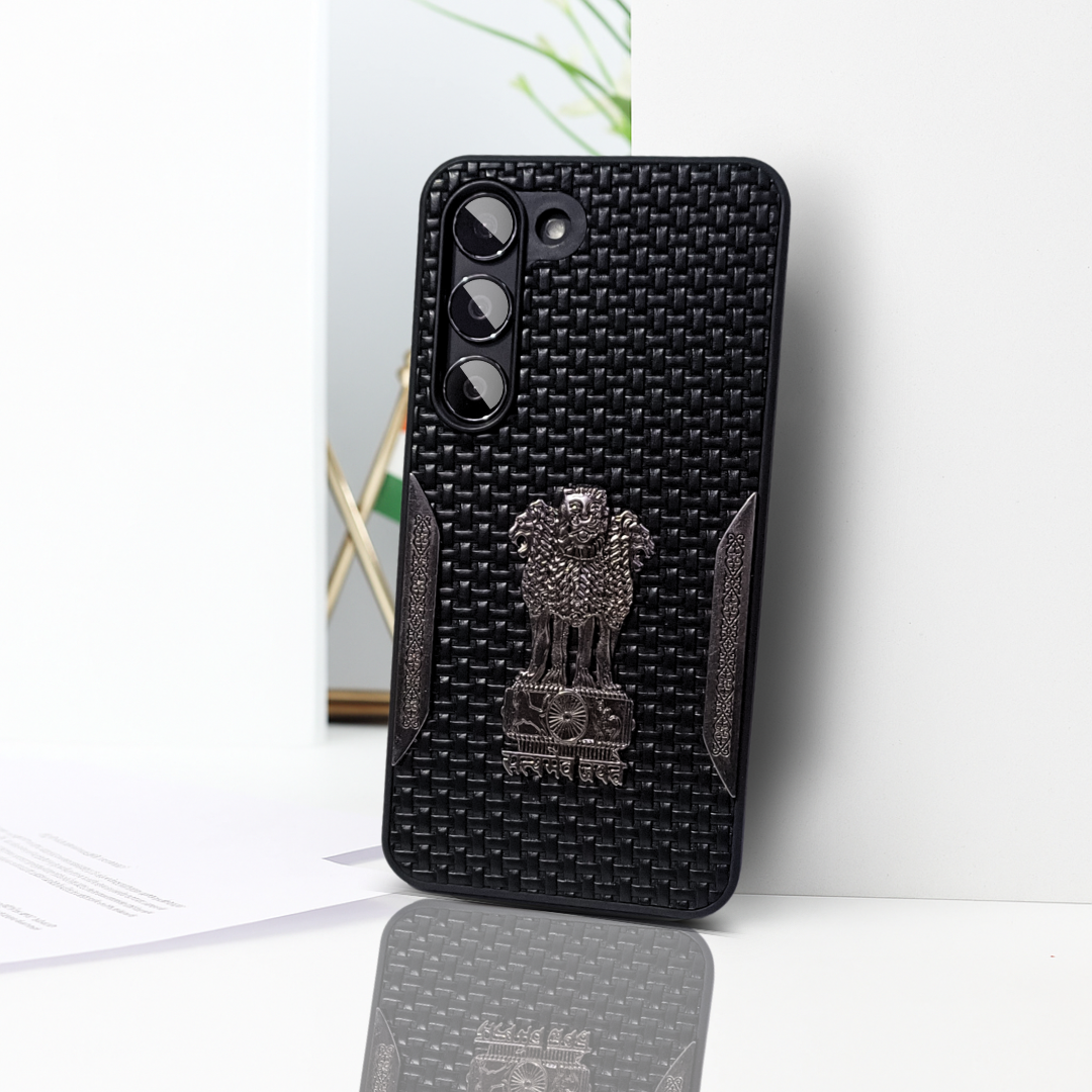 Black (Design 7) Satyameva Jayate embossed Leather Case for Samsung S23