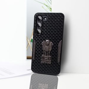 Black (Design 7) Satyameva Jayate embossed Leather Case for Samsung S23