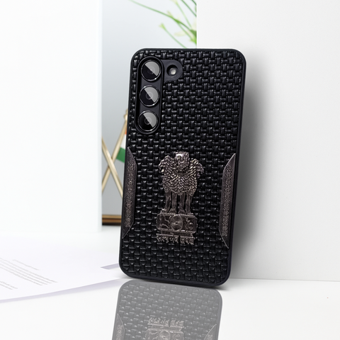 Black (Design 7) Satyameva Jayate embossed Leather Case for Samsung S23