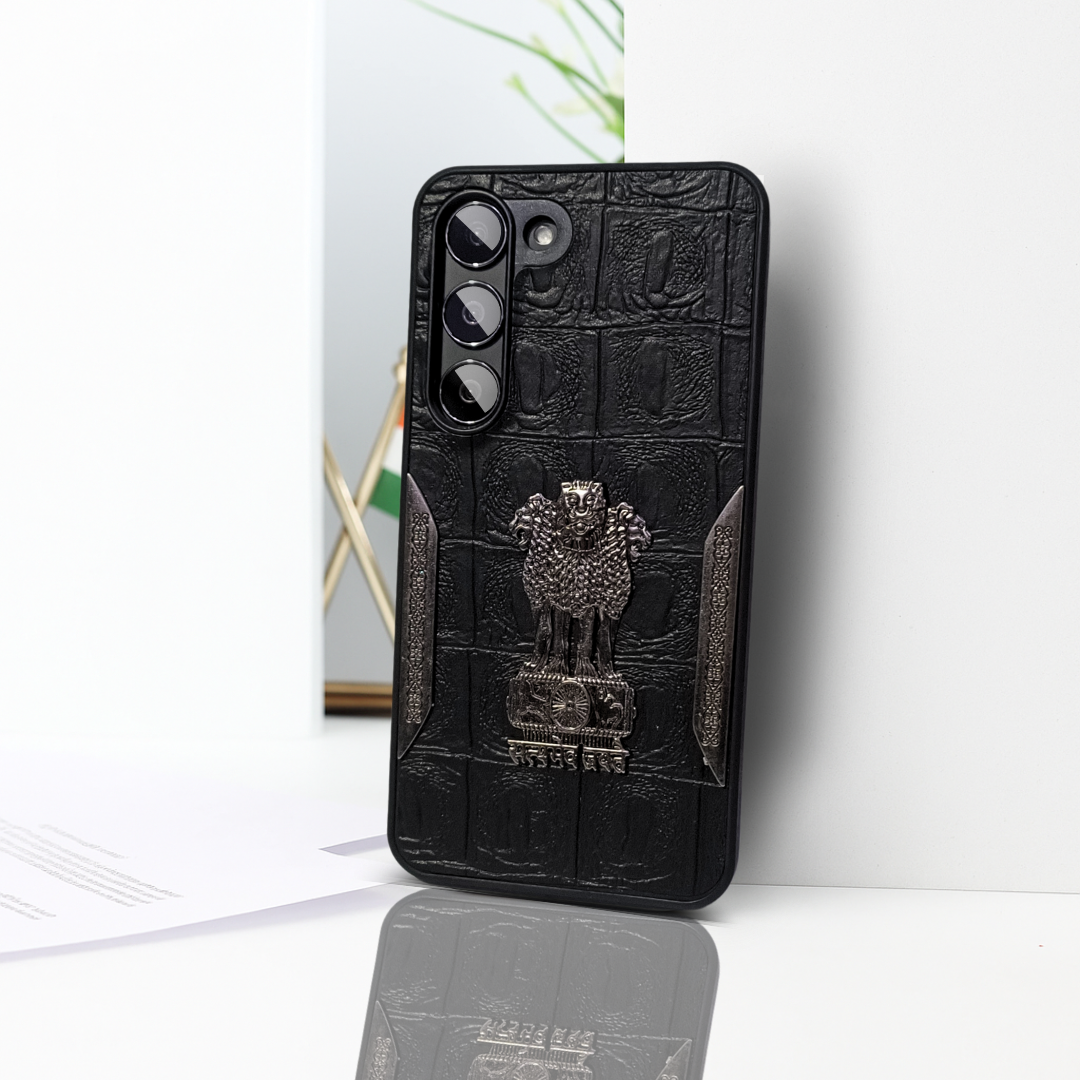 Black (Design 8) Satyameva Jayate embossed Leather Case for Samsung S23