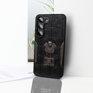 Black (Design 8) Satyameva Jayate embossed Leather Case for Samsung S23