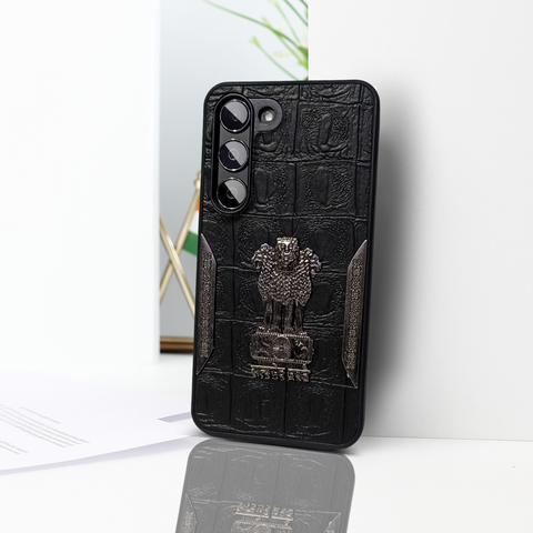 Black (Design 8) Satyameva Jayate embossed Leather Case for Samsung S23