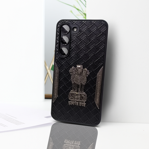 Black (Design 9) Satyameva Jayate embossed Leather Case for Samsung S23