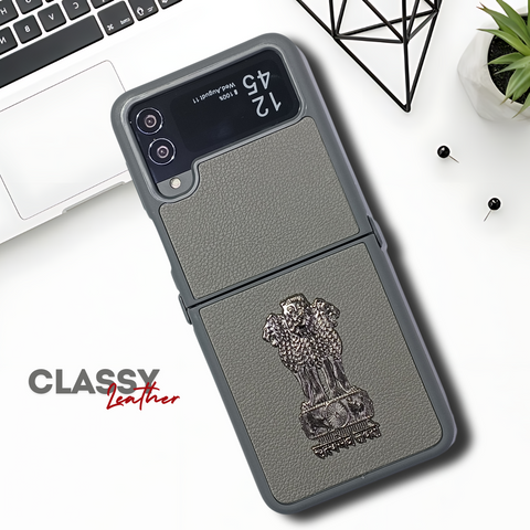 Grey Satyameva Jayate embossed Leather Case for Samsung Galaxy Z FLIP 3