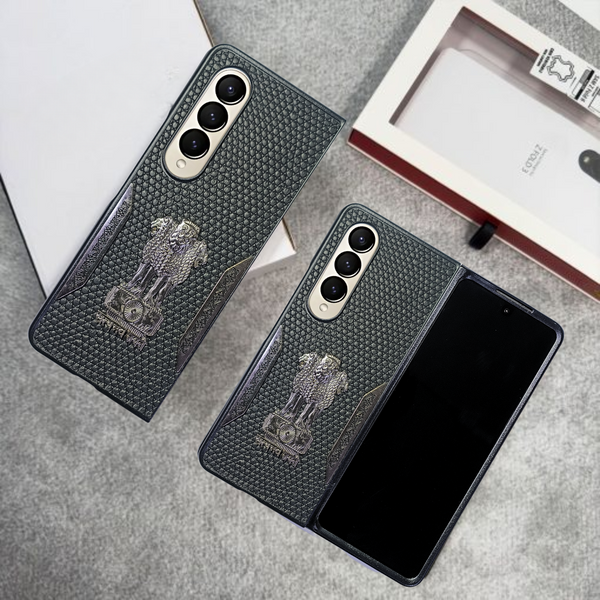 Black (Pattern 6) Satyameva Jayate embossed Leather Case for Samsung Galaxy Z Fold 4