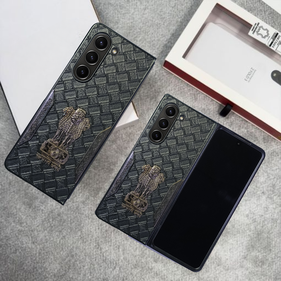 Black (Pattern 1) Satyameva Jayate embossed Leather Case for Samsung Galaxy Z Fold 6