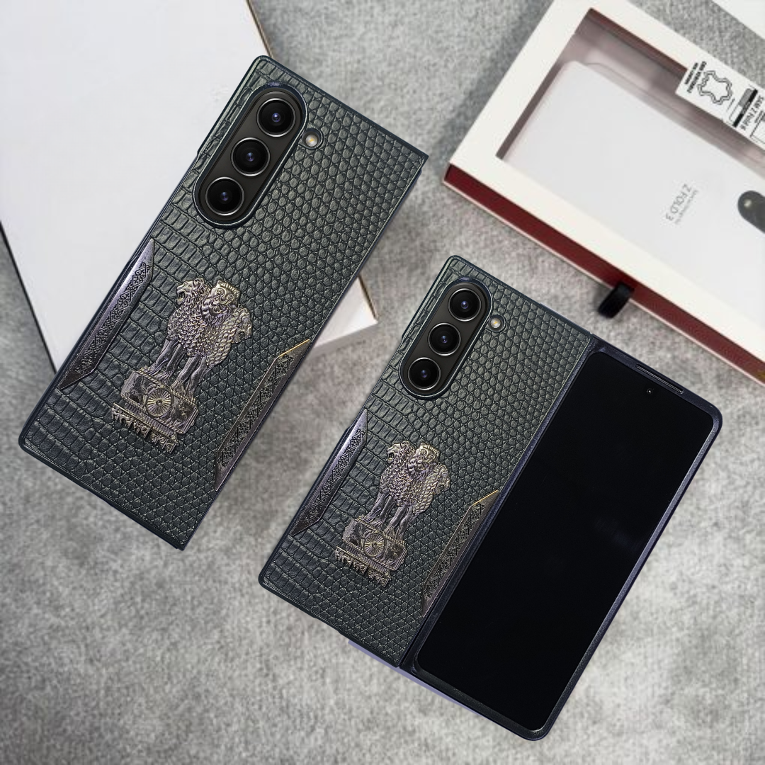 Black (Pattern 6) Satyameva Jayate embossed Leather Case for Samsung Galaxy Z Fold 6