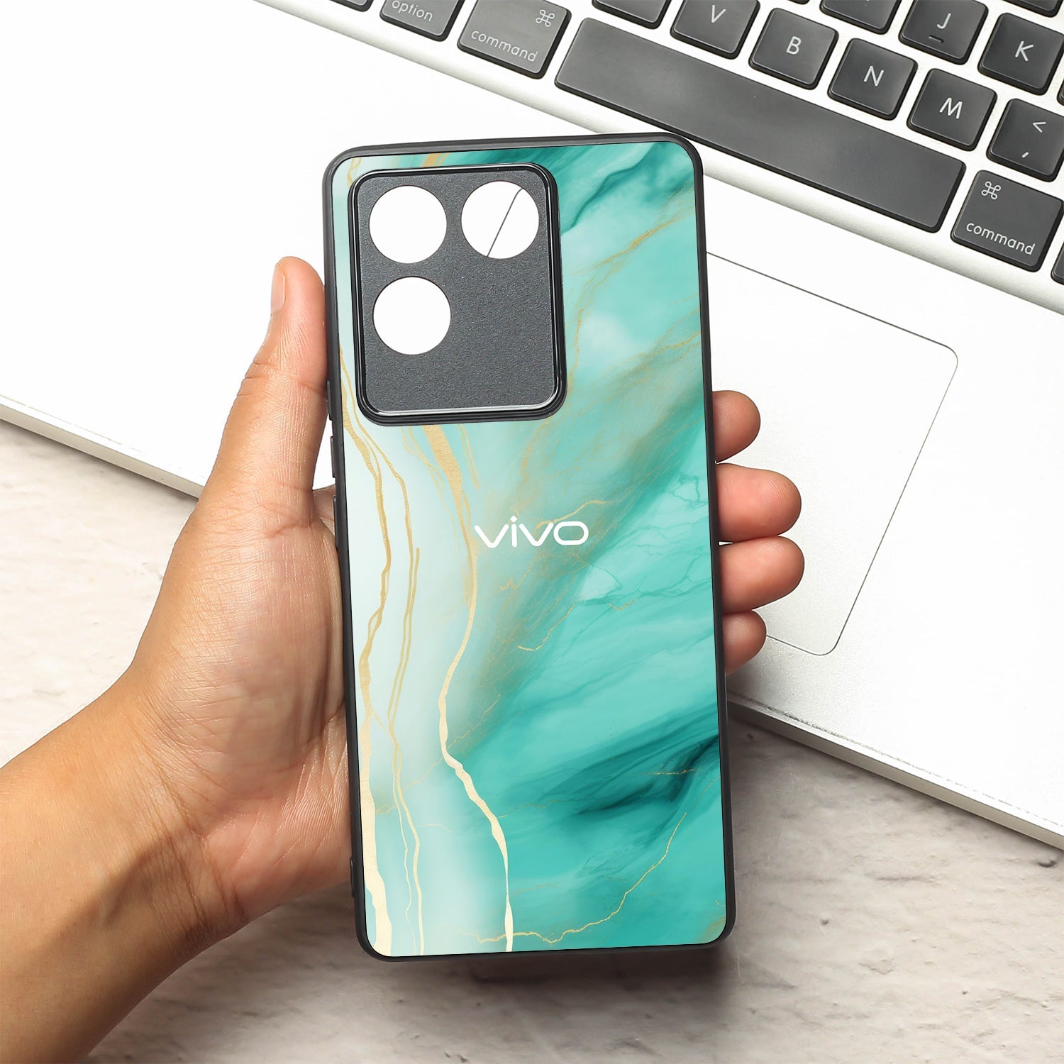 Green Luxe Marble metal back case for Vivo T2 Pro