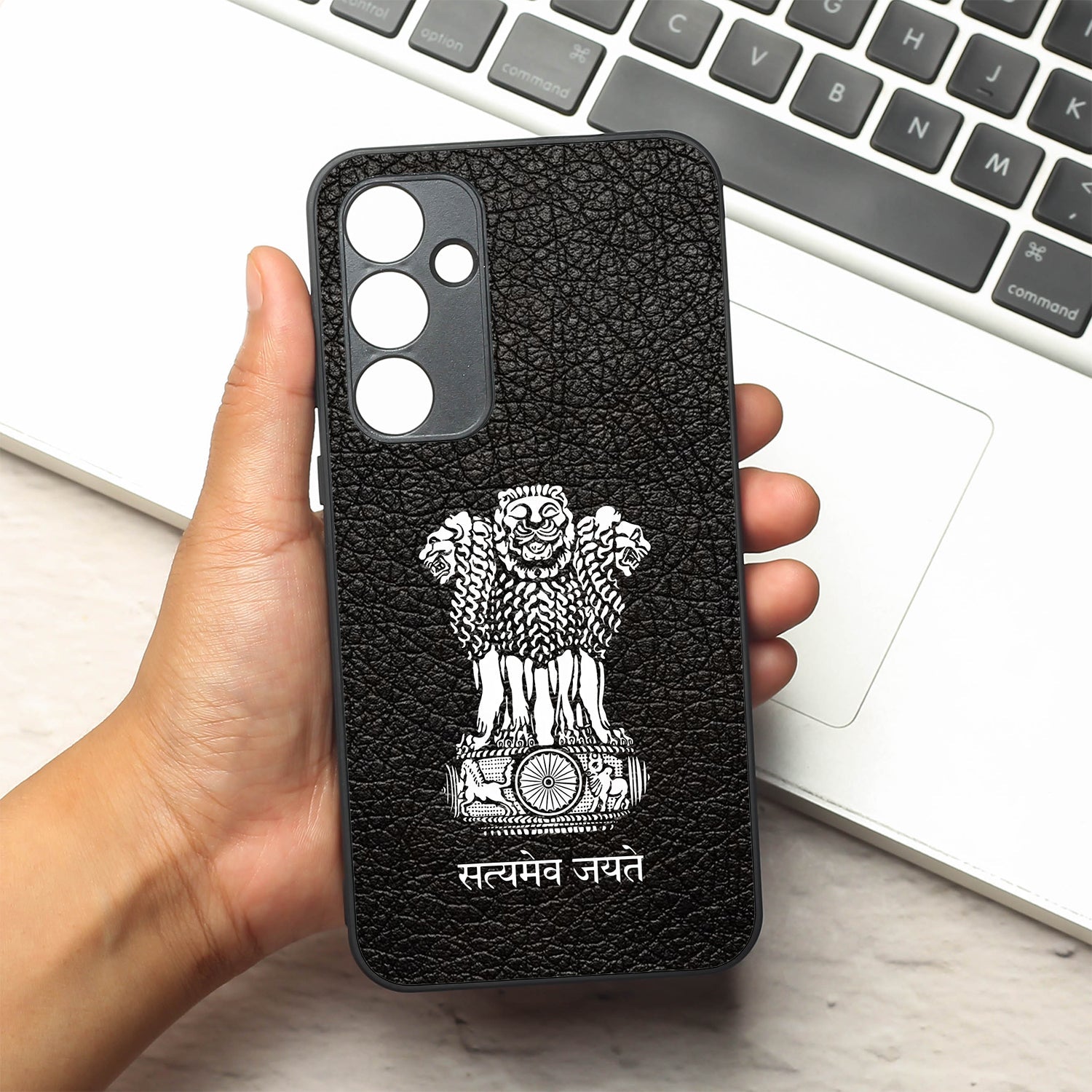 Black Satyamev Jayate metal back case for Samsung A35