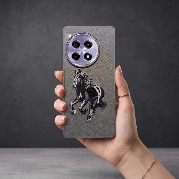 Grey Leather Black White Horse OC Ornamented for Oneplus 12r