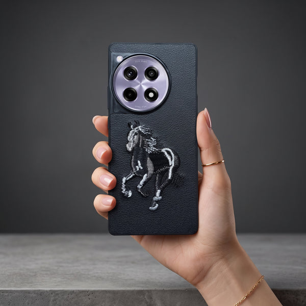 Black Leather Black White Horse OC Ornamented for Oneplus 12r
