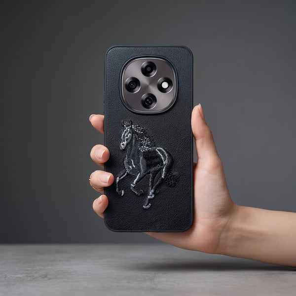 Black Leather Black White Horse OC Ornamented for Oppo F31 Pro