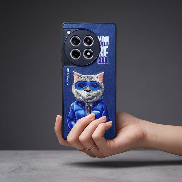 Dark Blue Leather Cool Cat Camera Ornamented for Oneplus 12r