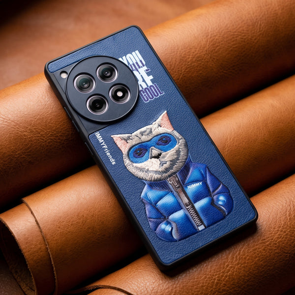 Dark Blue Leather Cool Cat Camera Ornamented for Oneplus 12r