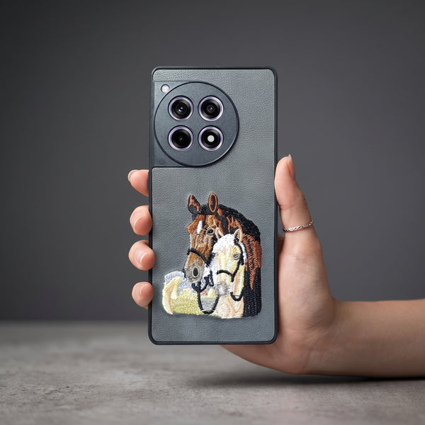 Grey Leather 2 Horse Camera Ornamented for Oneplus 12r