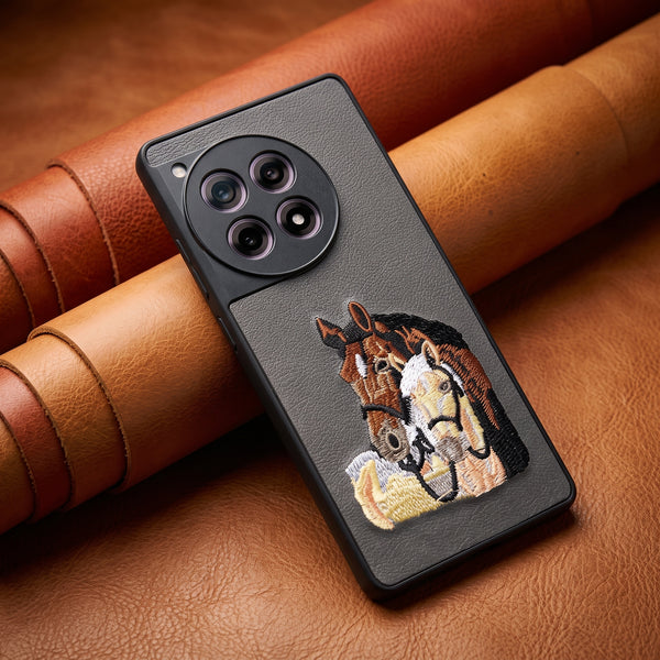 Grey Leather 2 Horse Camera Ornamented for Oneplus 12r