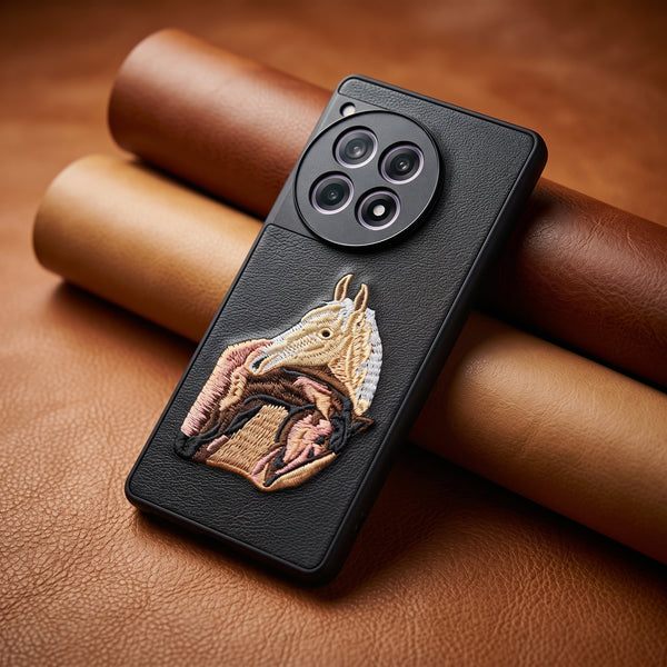 Black Leather 2 Horse Camera Ornamented for Oneplus 12r