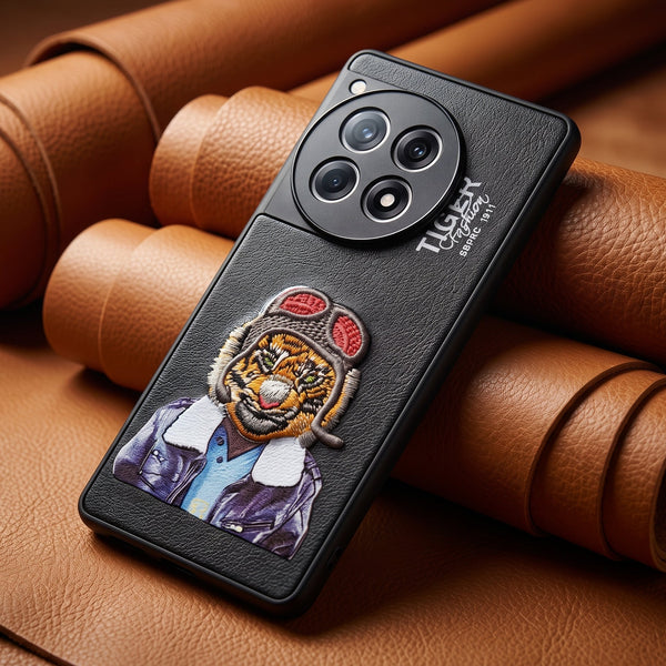 Black Leather Tiger Fashion Ornamented for Oneplus 12r
