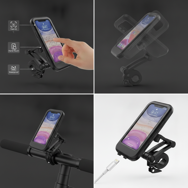 Black 360° Rotating Waterproof Bike Mobile Holder, Universal Motorcycle & Bicycle Handlebar Phone Mount with Sensitive Touch Screen Cover, Fits Smartphones Up to 7.2 Inches