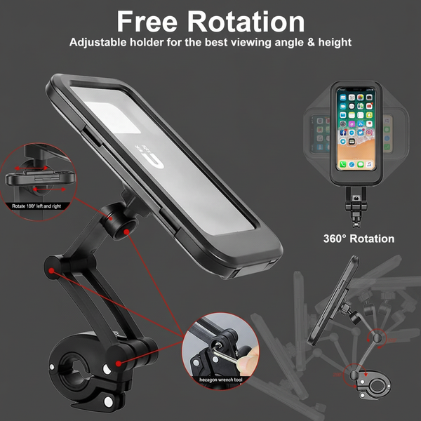 Black 360° Rotating Waterproof Bike Mobile Holder, Universal Motorcycle & Bicycle Handlebar Phone Mount with Sensitive Touch Screen Cover, Fits Smartphones Up to 7.2 Inches