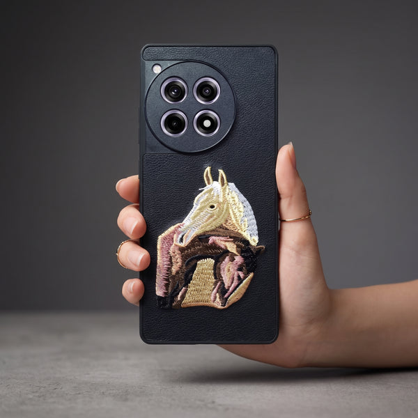 Black Leather 2 Horse Camera Ornamented for Oneplus 12r