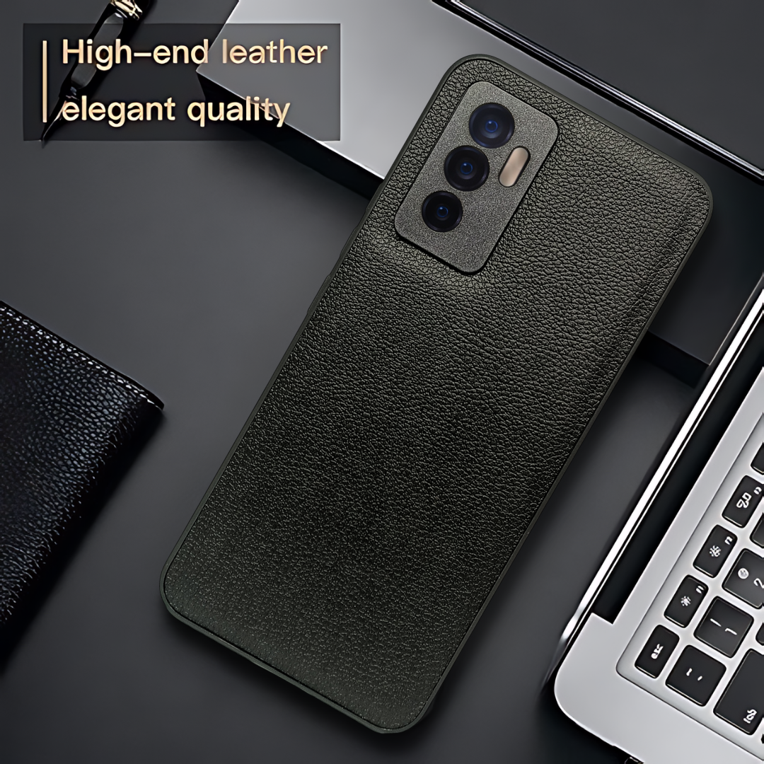 Raised Edges Black Leather Case for Vivo V23e