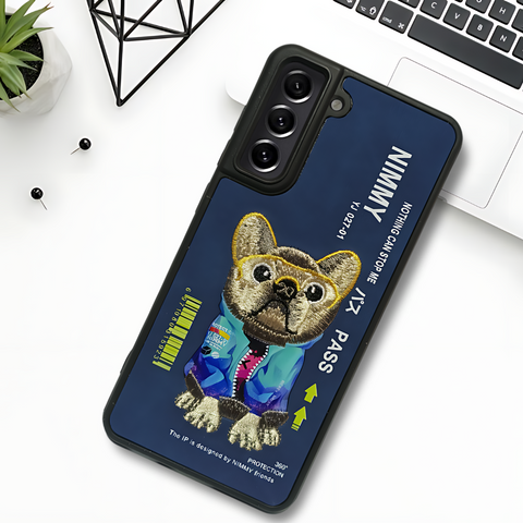 Dark Blue Leather Pass Bulldog Camera Ornamented for Samsung S21 FE