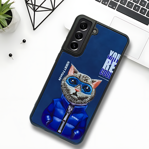 Dark Blue Leather Cool Cat Camera Ornamented for Samsung S21 FE