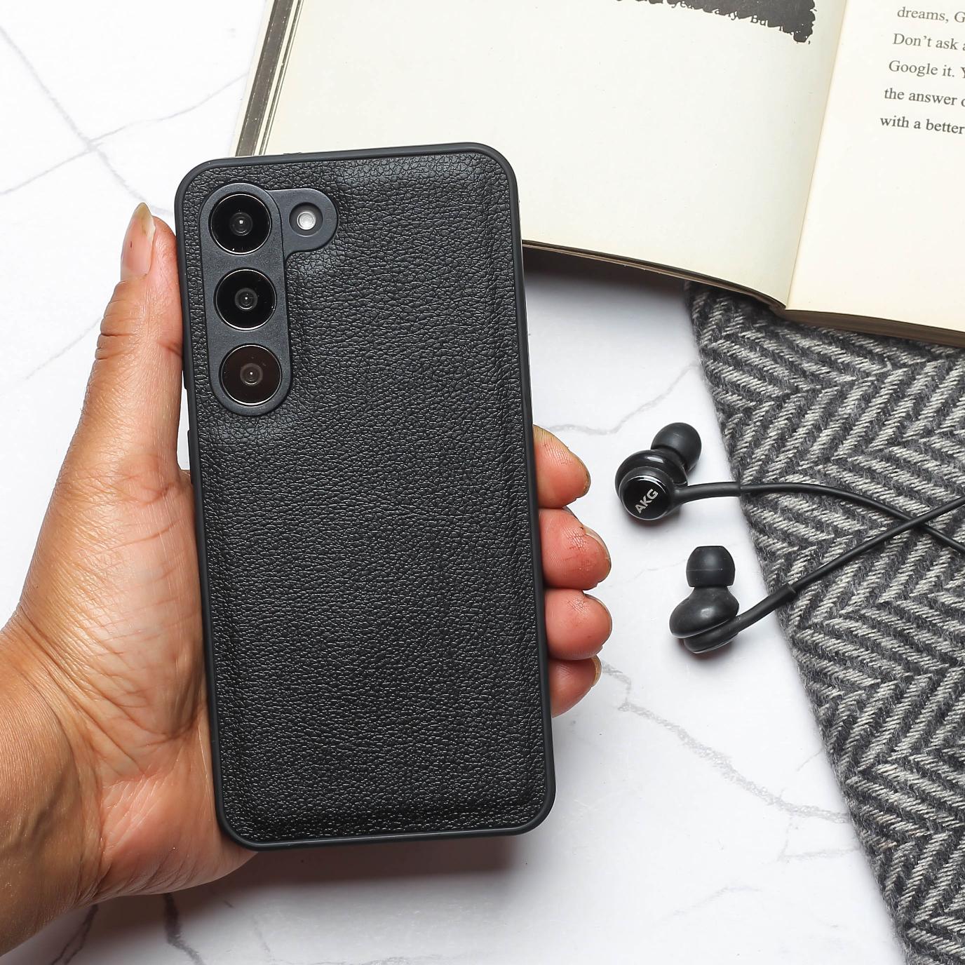 Raised Edges Black Leather Case for Samsung S23