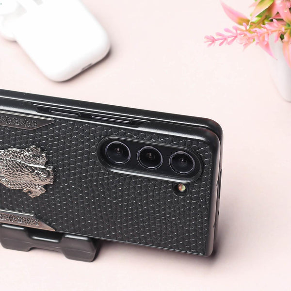 Black (Pattern 6) Satyameva Jayate embossed Leather Case for Samsung Galaxy Z Fold 4