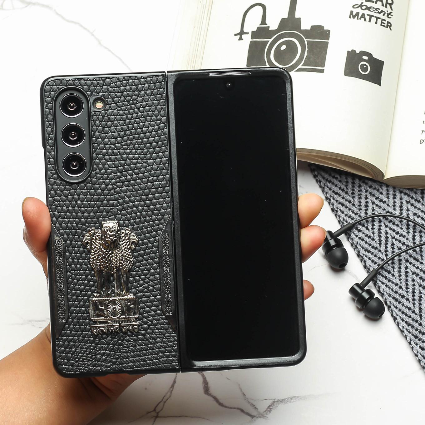 Black (Pattern 6) Satyameva Jayate embossed Leather Case for Samsung Galaxy Z Fold 4