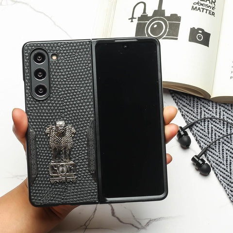 Black (Pattern 6) Satyameva Jayate embossed Leather Case for Samsung Galaxy Z Fold 4
