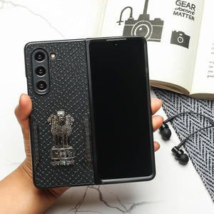 Black (Pattern 7) Satyameva Jayate embossed Leather Case for Samsung Galaxy Z Fold 4