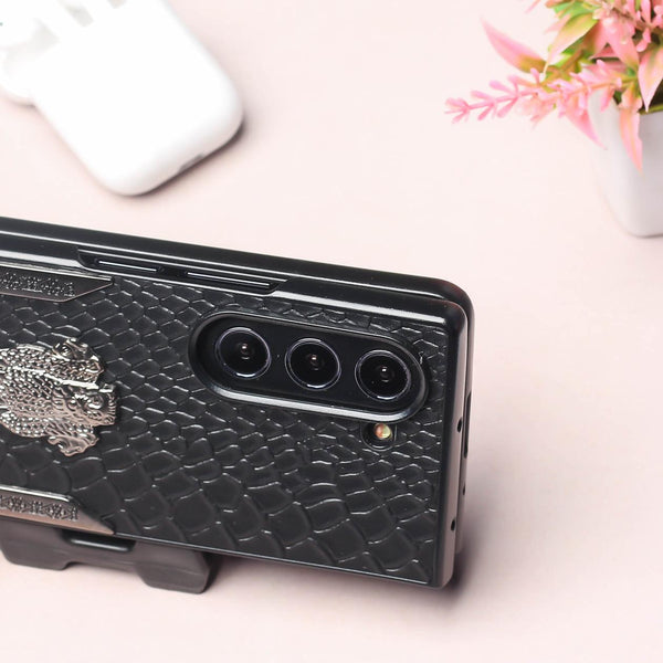 Black (Pattern 4) Satyameva Jayate embossed Leather Case for Samsung Galaxy Z Fold 4