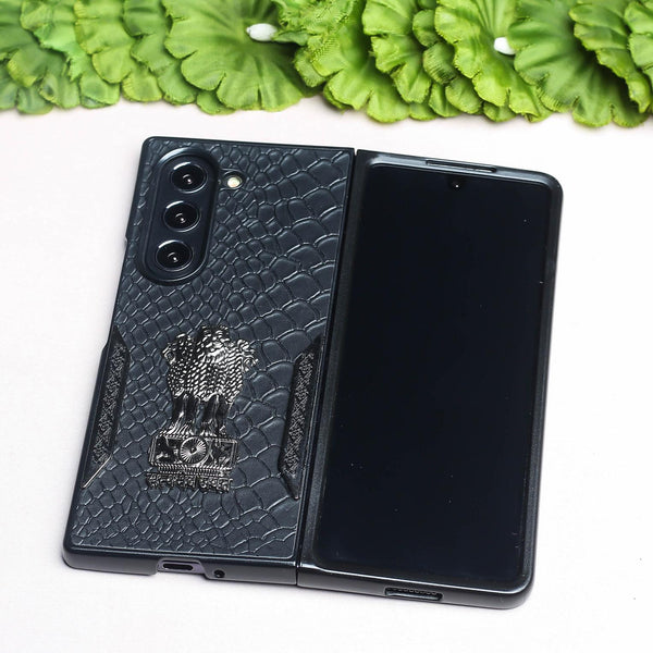 Black (Pattern 4) Satyameva Jayate embossed Leather Case for Samsung Galaxy Z Fold 4