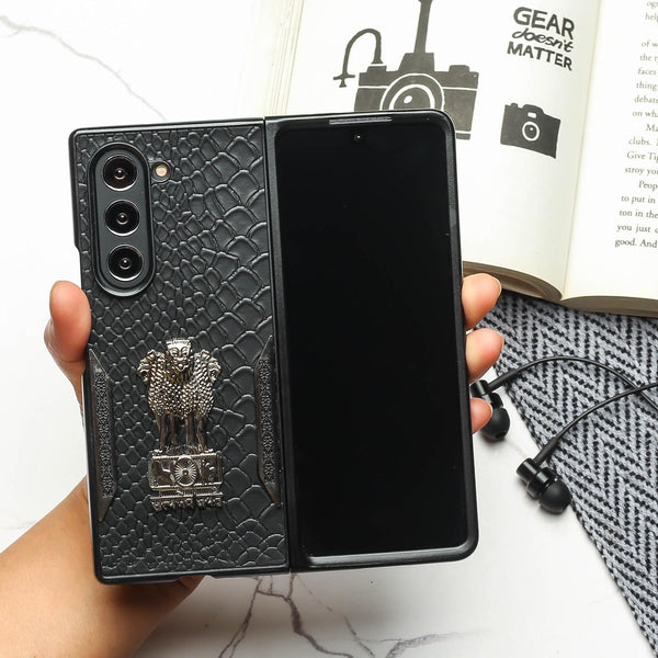Black (Pattern 4) Satyameva Jayate embossed Leather Case for Samsung Galaxy Z Fold 4