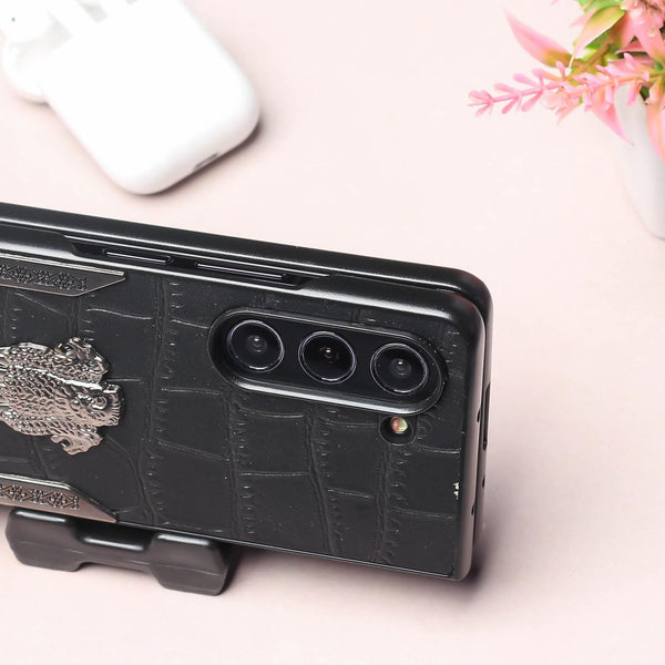 Black (Pattern 5) Satyameva Jayate embossed Leather Case for Samsung Galaxy Z Fold 4