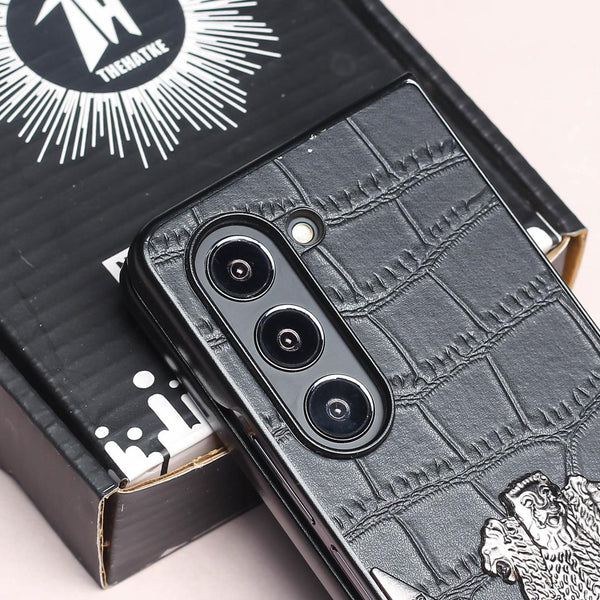 Black (Pattern 5) Satyameva Jayate embossed Leather Case for Samsung Galaxy Z Fold 4