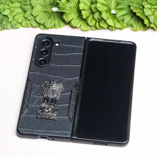 Black (Pattern 5) Satyameva Jayate embossed Leather Case for Samsung Galaxy Z Fold 4
