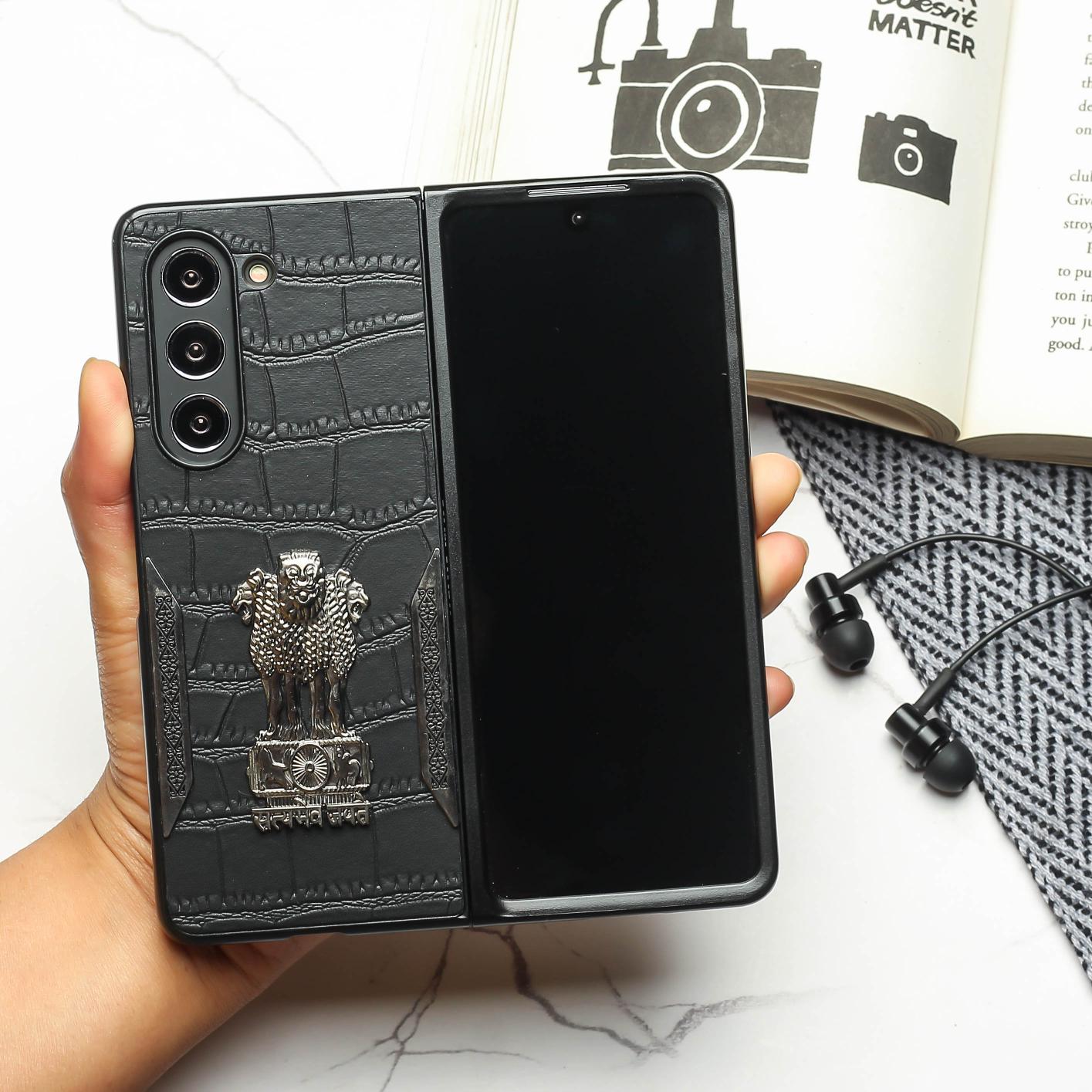 Black (Pattern 5) Satyameva Jayate embossed Leather Case for Samsung Galaxy Z Fold 4