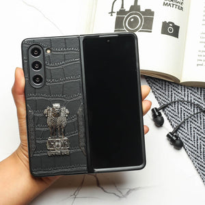 Black (Pattern 5) Satyameva Jayate embossed Leather Case for Samsung Galaxy Z Fold 4